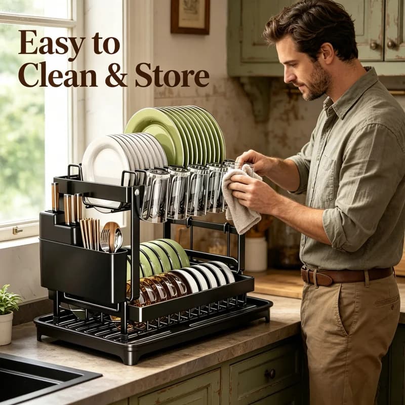 Space Saving 2-Tier Dish Drying Rack Rustproof Metal with Drain Tray Easy Assemble Kitchen Countertop Storage Organizer