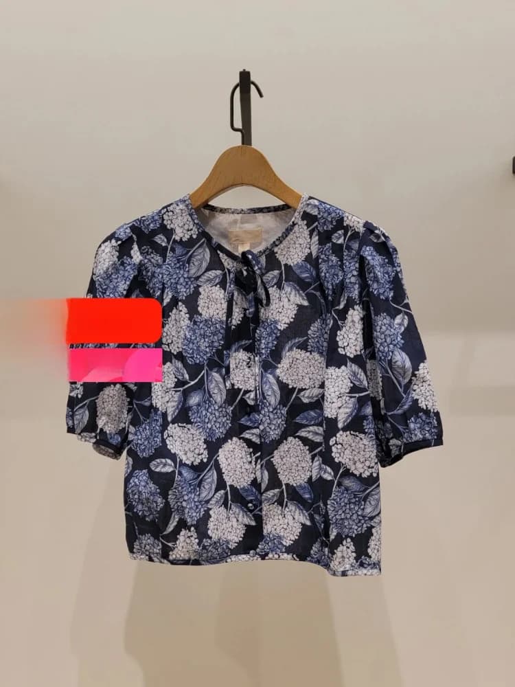 Limited Time Offer IC25 Summer New Print Belted Flying Sleeve Shirt Old Money Style Cotton Casual Women's Shirt round Neck ...