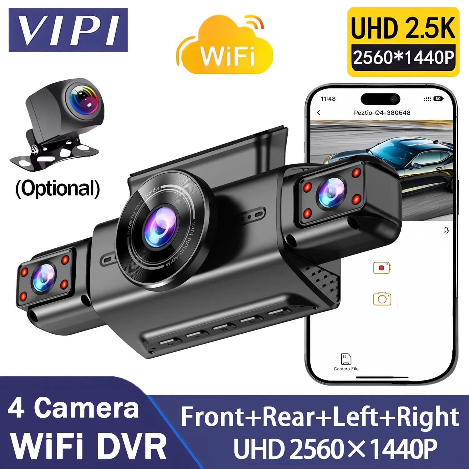 2.5K 4 Obiettivi 360 Gradi Dash Cam Per Auto WIFI APP Auto DVR 4 Canali Telecamera Frontale Videoregistratore Telecamera per Vista Posteriore 24H Parcheggio
