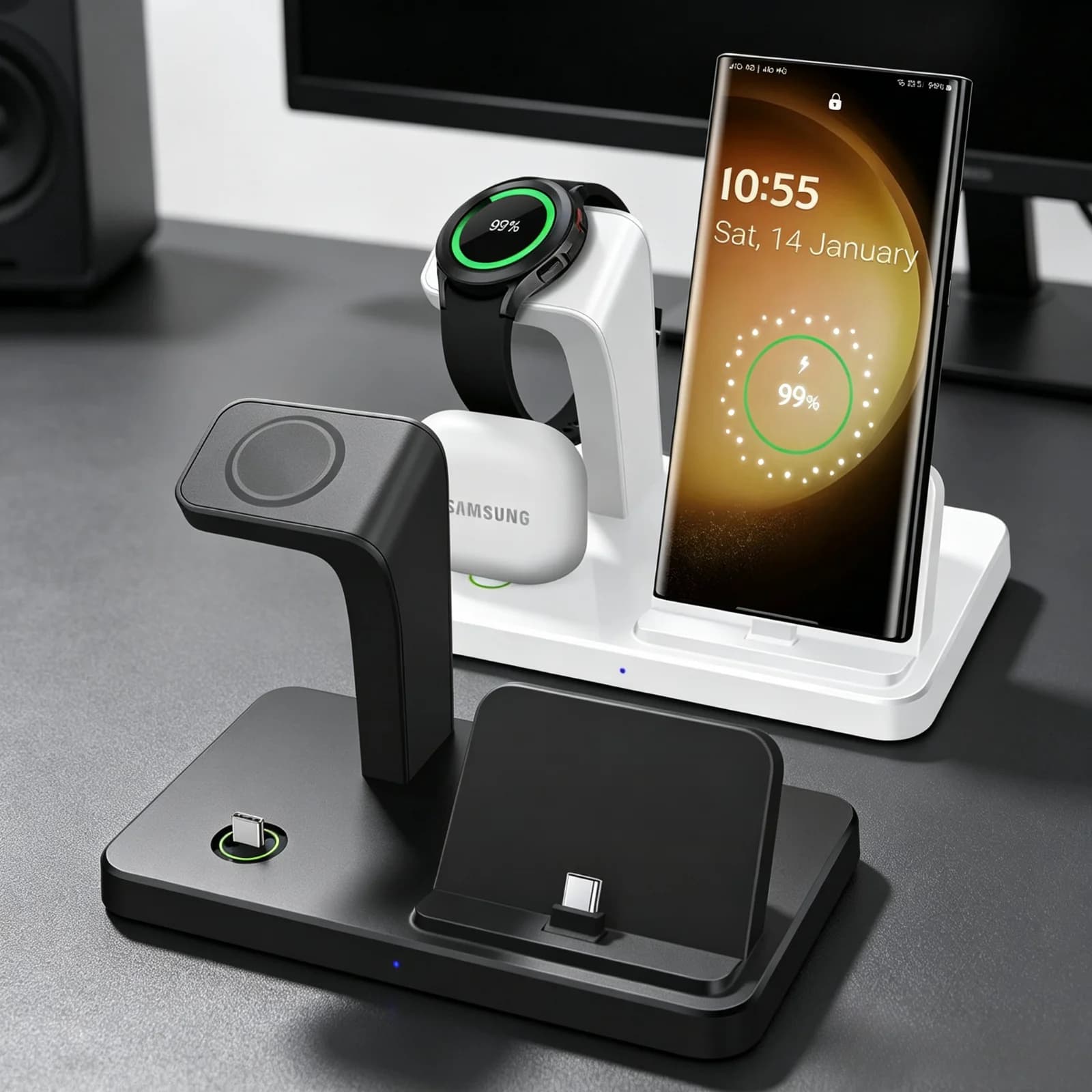 Desk 3 in 1 Type C Port Wireless Charger Dock For Samsung S26 S25 S24 Galaxy Watch 8/7/6/5/4 Buds Pro4/3/2 Fast Charging Station