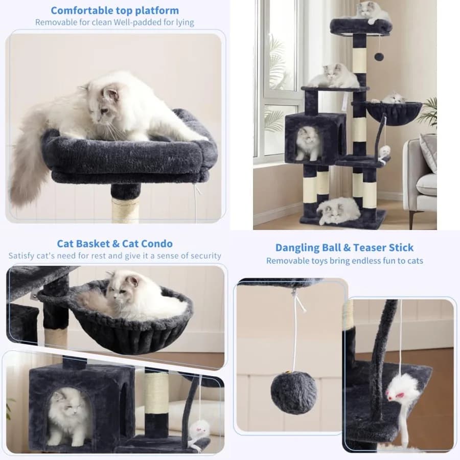 Albero per gatti con giocattolo, torre per gatti da porta, casetta per gatti con posatoio imbottito in peluche, amaca accogliente e posti per grattare in sisal, HCT