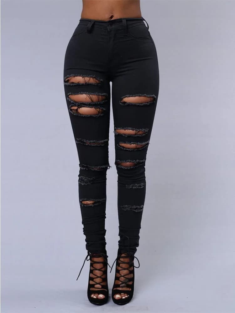 Jeans versatili in tinta unita da donna alla moda Jeans con fori europei e americani Pantaloni a matita slim fit minimalisti