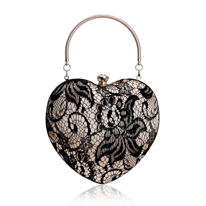 Borsa da sera da donna in pizzo nero Borsa da cocktail tridimensionale a forma di cuore alla moda ed elegante