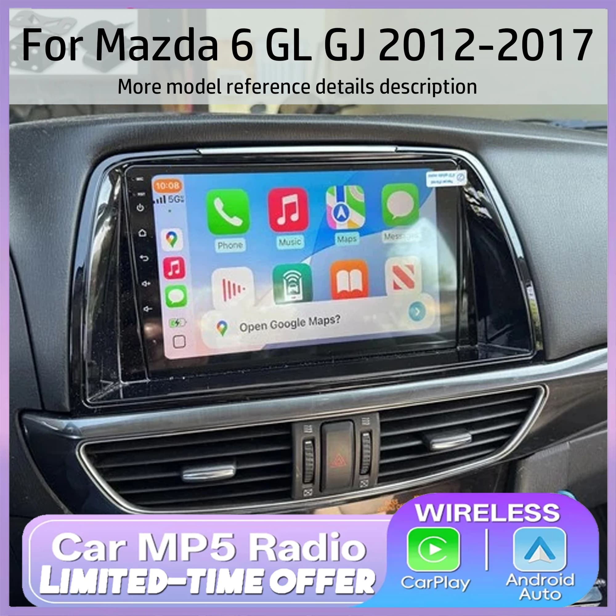 Autoradio 9 pollici 4+64G Quad Core Android 15 con GPS Navi, Carplay, Android Auto, WiFi, Bluetooth, SWC, DSP, Radio FM/AM per Mazda 6 GL GJ 2012-2017