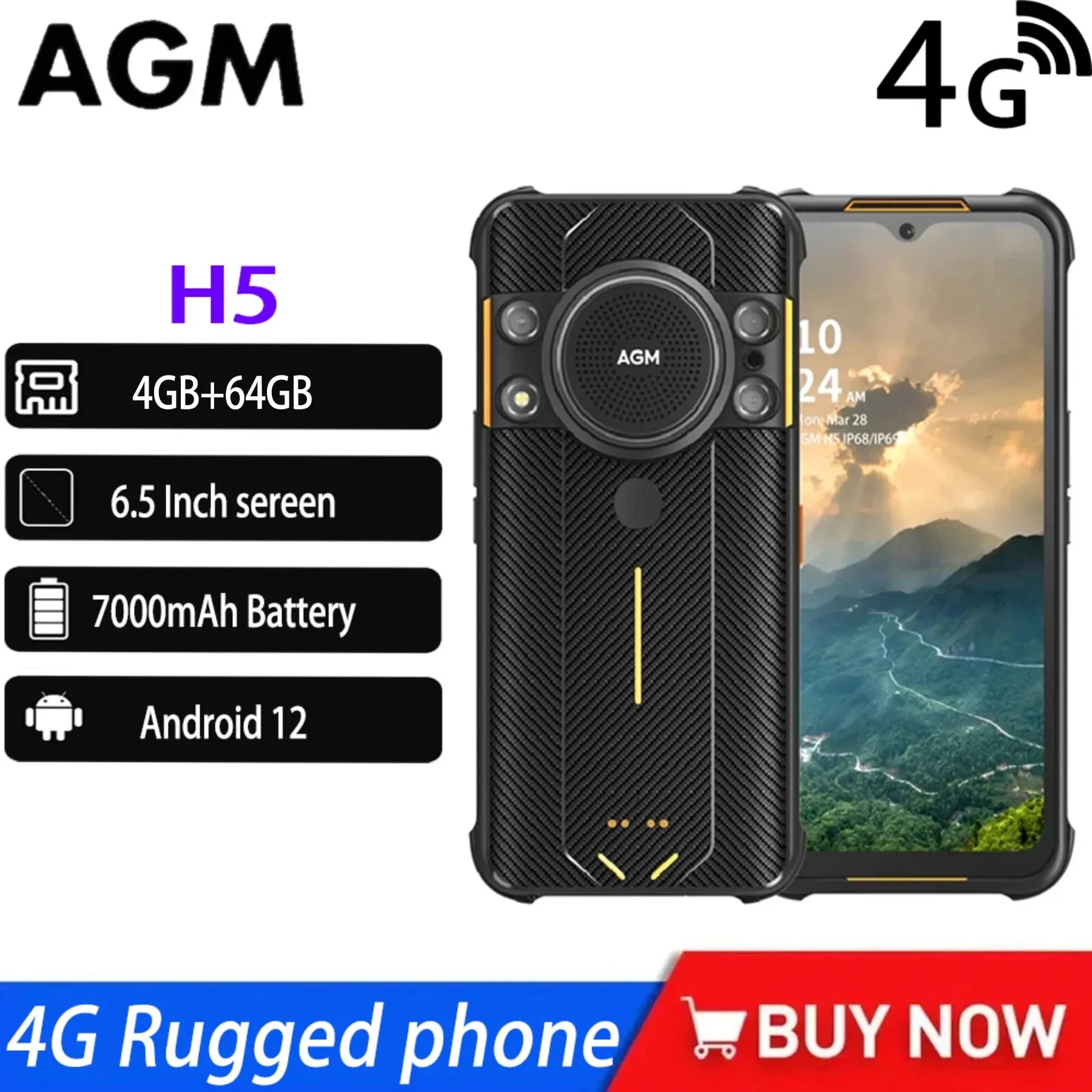 AGM H5 4G Smartphone robusto da 6,5 pollici 4 + 64 GB 7000 mAh IP68/IP69K Android12 Telefono per visione notturna Altoparlante da 3,5 W Telefoni cellulari NFC