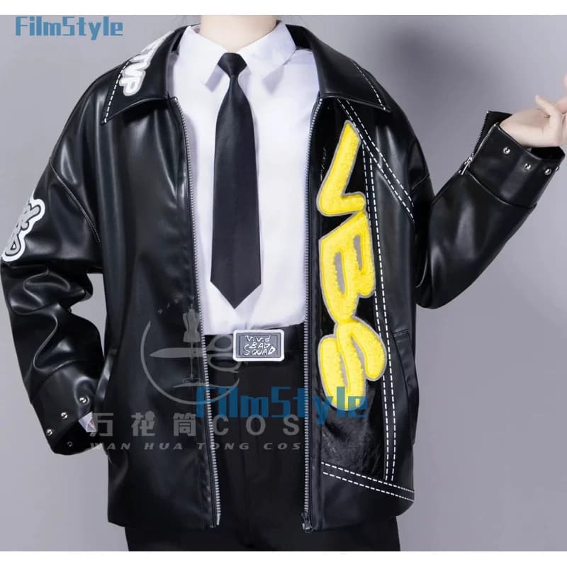 Costume Cosplay PJSK Shinonome Akito, Black Jacket with Belt, Halloween Clothing, Carnival, Holidays and Christmas
