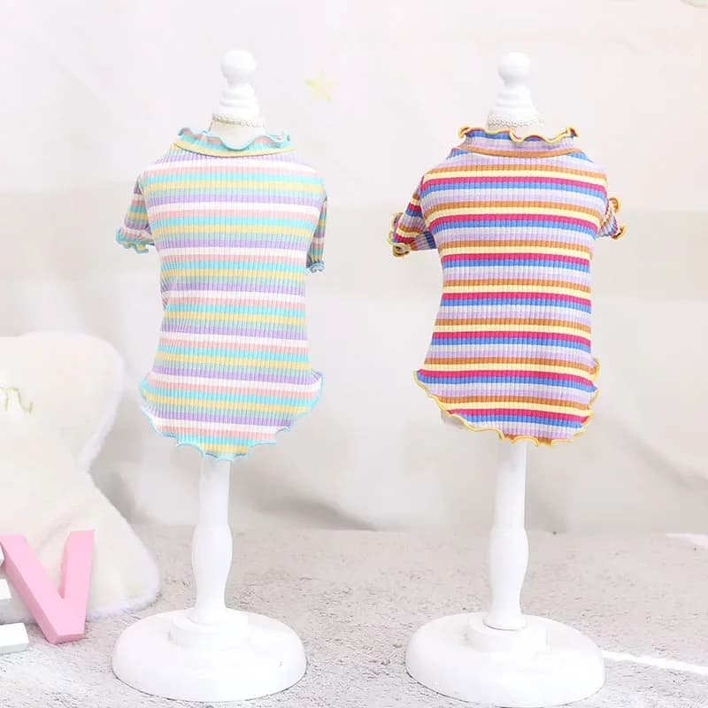 Camicia con fondo a righe colorate autunno e inverno Teddy Pet Top Vestiti Camicia con fondo lavorato a maglia in cotone Felpa con cappuccio Gilet a due piedi per cane