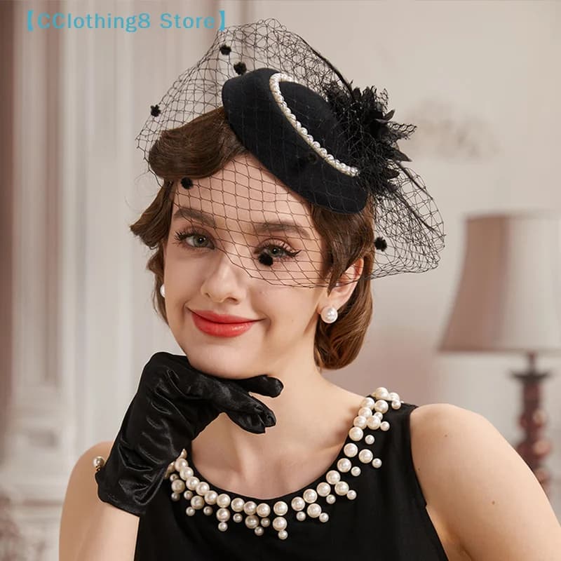 1 Pezzo Copricapo in Rete Nera, Cappello da Hostess, Fermaglio per Capelli con Perle in Stile Francese per Donne【AliS8】