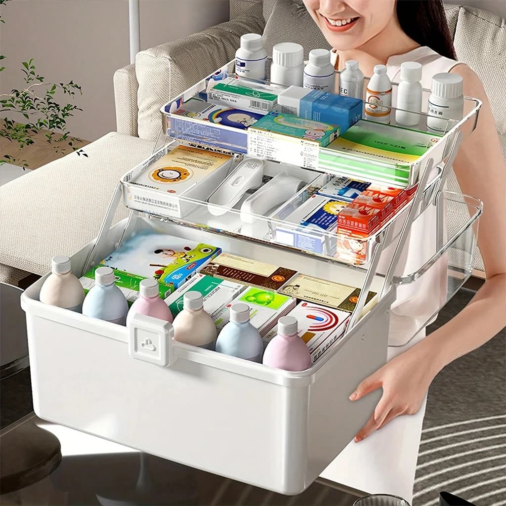 Large Capacity 3-Tier Portable Medicine Box Organizer, Clear Drawer Pill Storage Case with Handle, Desktop First Aid Kit & Drug Container for Home Pharmacy