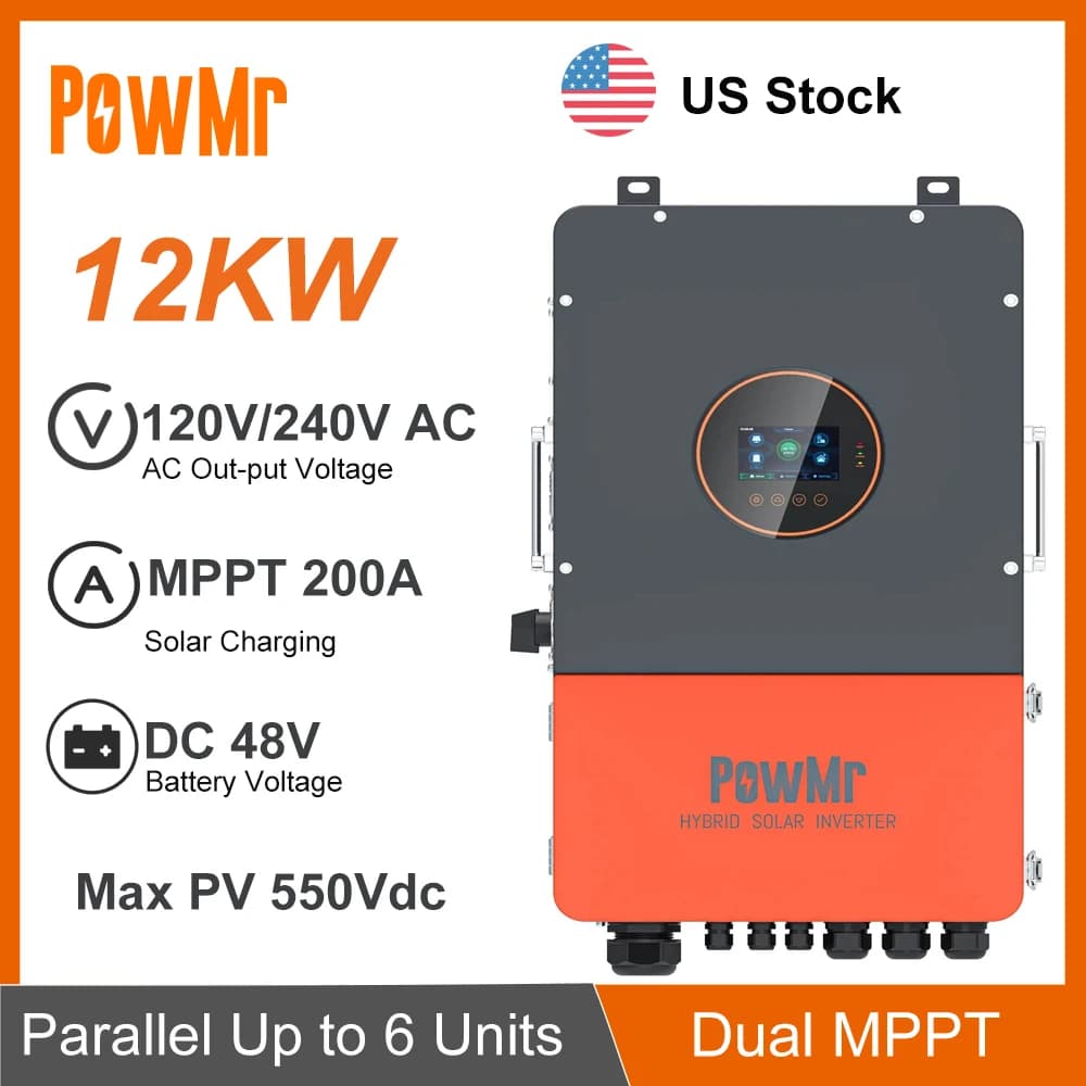 PowMr 12KW Inversor solare ibrido 48V DC a 110V/240V/208Vac Fase divisa con caricatore solare doppio MPPT 200A Max PV 550Vdc US Stock