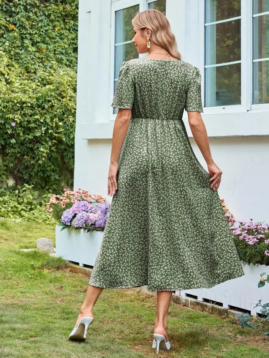 V-Neck Short Sleeve Cinched Waist Ditsy Floral Midi Dress A-Line