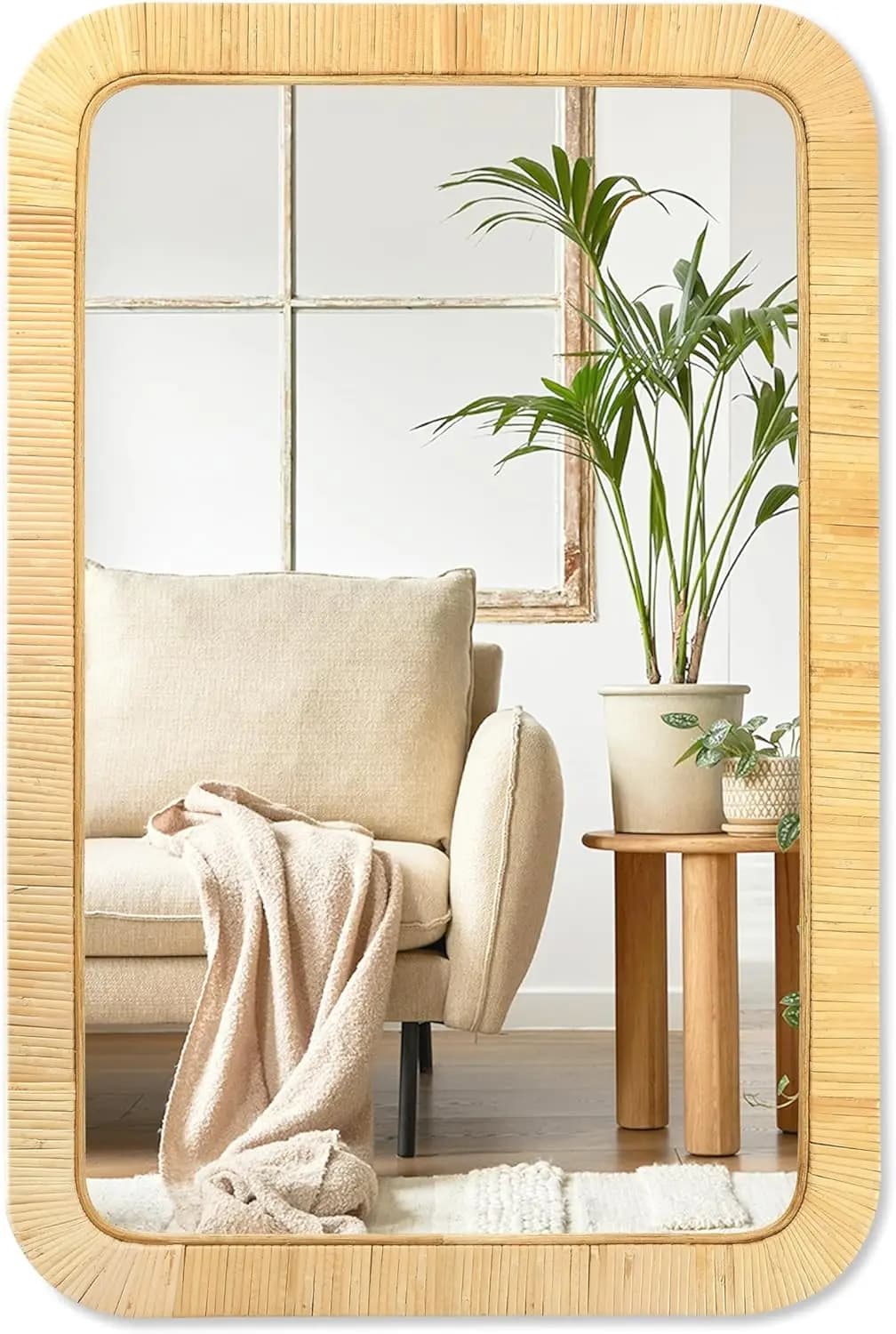Specchio in rattan, 36'' x 24'' rettangolare, stile boho, per bagno, decorazione da parete per cameretta, rustico, stile farmhouse, fatto a mano, Wicke