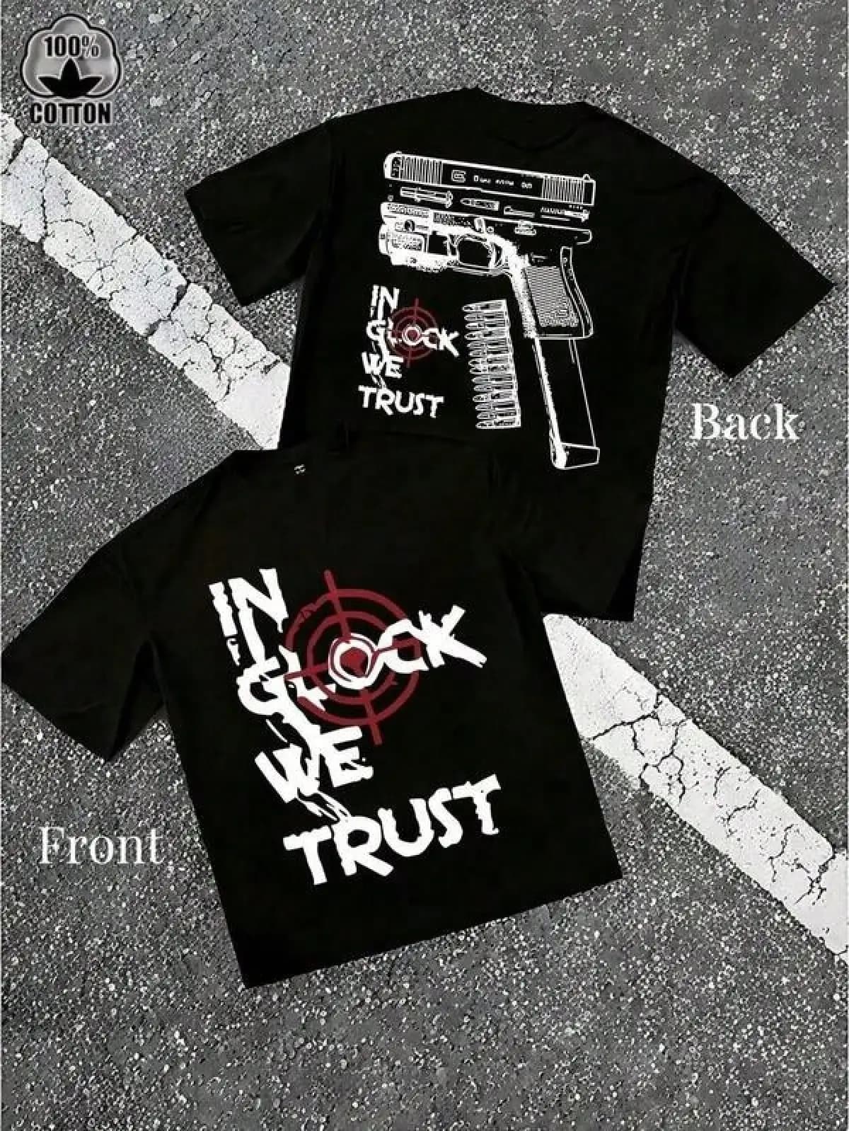 T Shirt Print ,Graphic-Cotton Tees Size Plus,[Printed T-Shirt] Men's "Trust Us" Version B Gun Pattern Slogan T-Shirt - 1 Piece, 100% Cotton, Sizes S To XXXL, Casual Men's Round-Neck Short-Sleeve Cotton T-Shirt For Spring And Summer, Suitable As A Gift. Ne