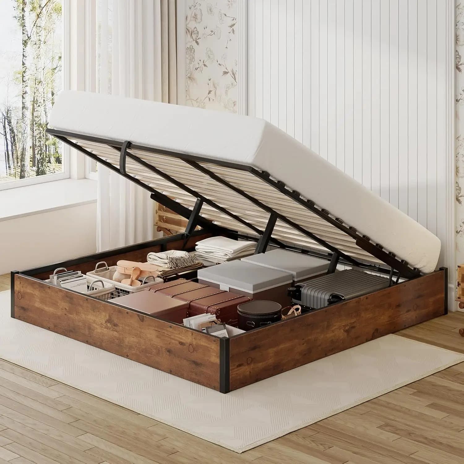 King Lift Up Storage Bed Frame Wooden Slats Platform Underneath Space No Box Spring Quiet Rustic Brown, Customized