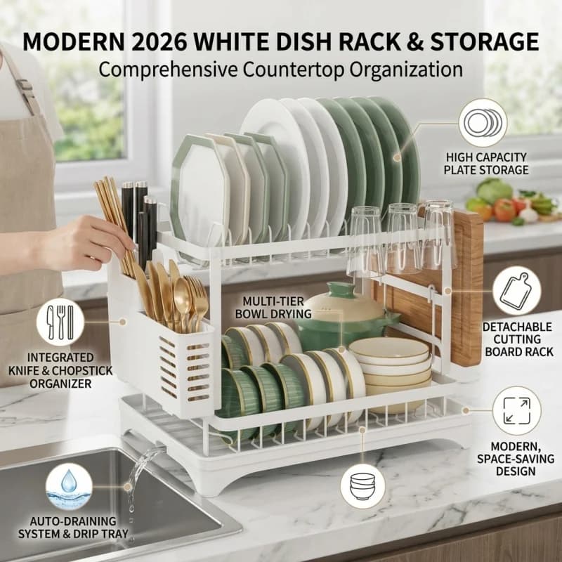 Scolapiatti da Cucina Bianco Resistente con Portabicchieri, Portacoltelli e Porta Bacchette - Organizzazione Elegante per il Piano di Lavoro