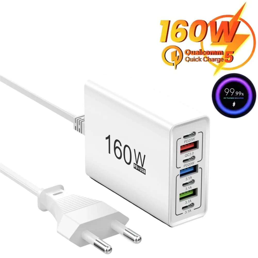 Caricatore USB 160W Multiporta, Adattatore di Alimentazione USB Tipo C per Ricarica Rapida, Caricatore da Muro Tipo C, Ricarica Rapida 3.0 PD, Spina EU/US