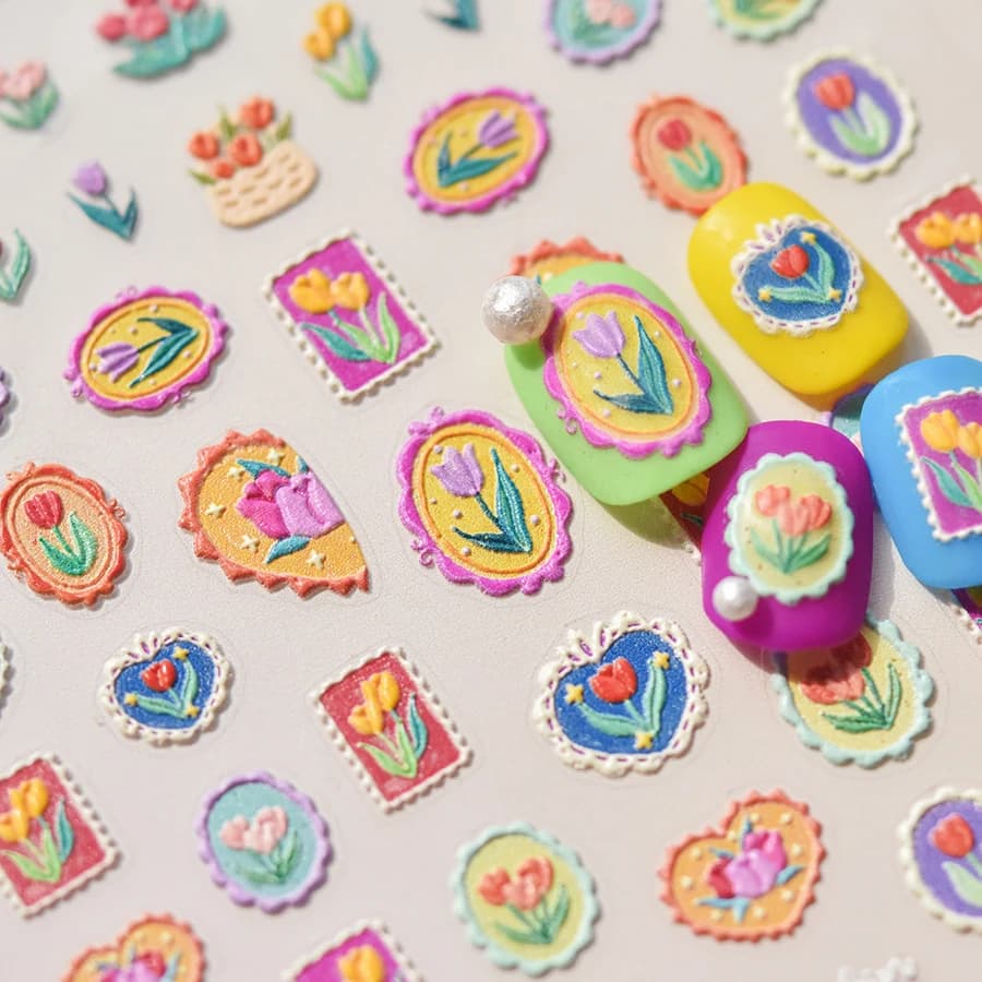 1 pezzo 5D Colore Rosa Viola Tulipano Nail Art Sticker Retro Perla Fiore Morbido Rilievo Autoadesivo Nail Art Sticker Nail Decal