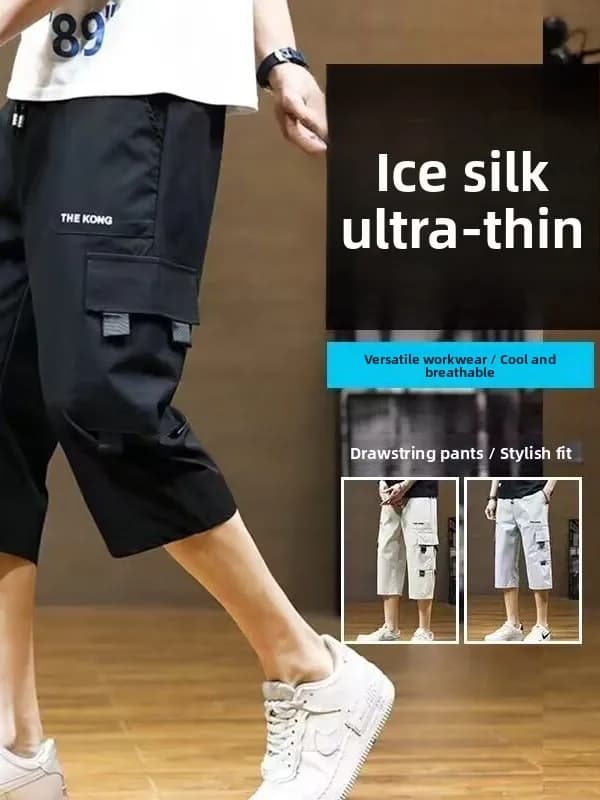Pantaloncini Casual da Uomo in Seta Ghiaccio, Vita Media, Gamba Dritta Larga, Stile Workwear, Pantaloni Sportivi a Tre Quarti, Sensazione Fresca Estiva, Stile Giovanile
