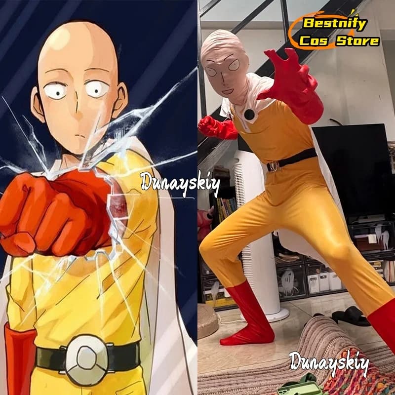 Costume tuta cosplay Saitama MAN {Bestnify Cos} Mantello bianco Stivali rossi Set completo Accessorio Anime Halloween Saitama Travestimento