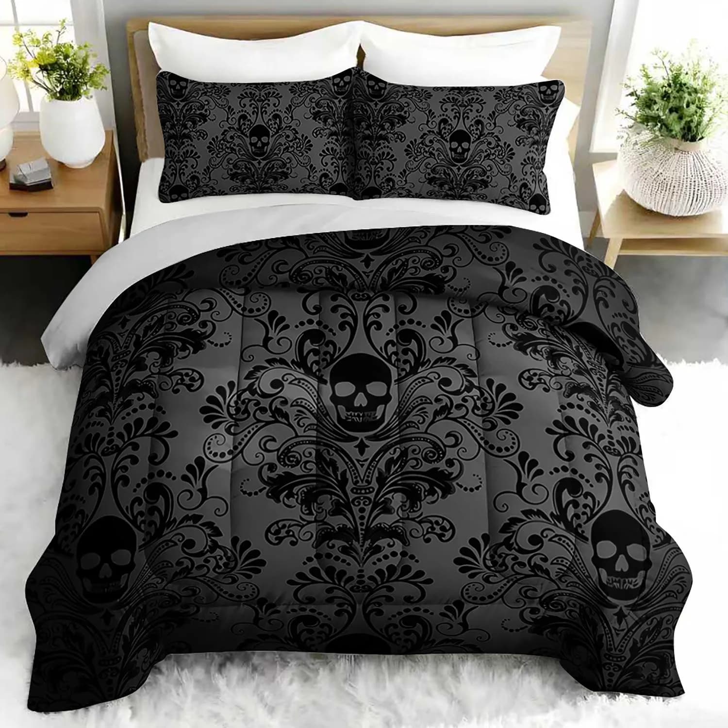 Gothic duvet cover with 3 piece skull pattern with 2 pillowcases - Cover with skeleton print for guest bedroom or room furniture