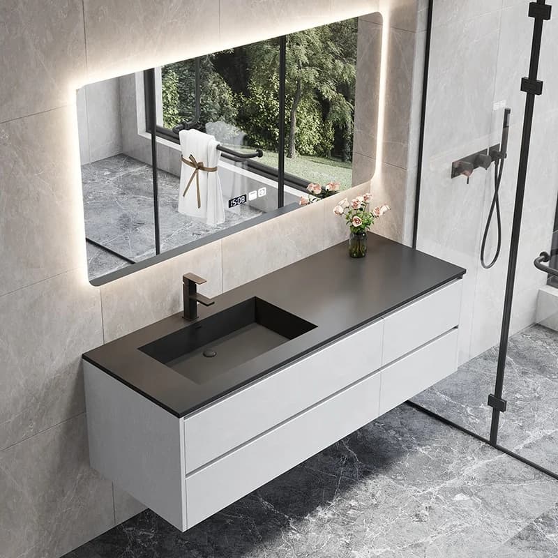 Hotel 2025 Vanity da bagno in marmo con montaggio a parete di vendita caldo con specchio Nuovo personalizzato per mobiletto in pietra sinterizzata per bagno