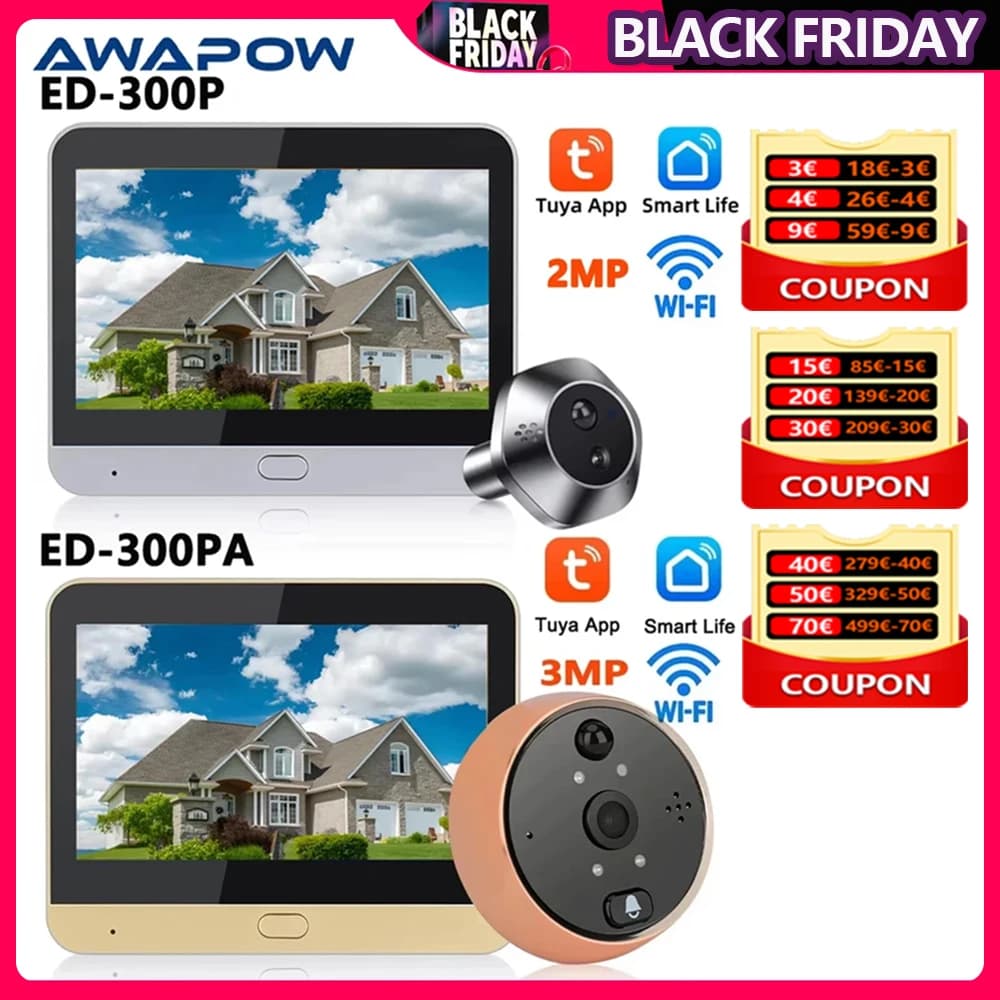 Awapow Smart Life 3MP/2MP WiFi Porta Visualizzatore Digitale Tuya Eye Spioncino Fotocamera 5000mAh Batteria Rilevatore di Movimento PIR Cassaforte Domestica