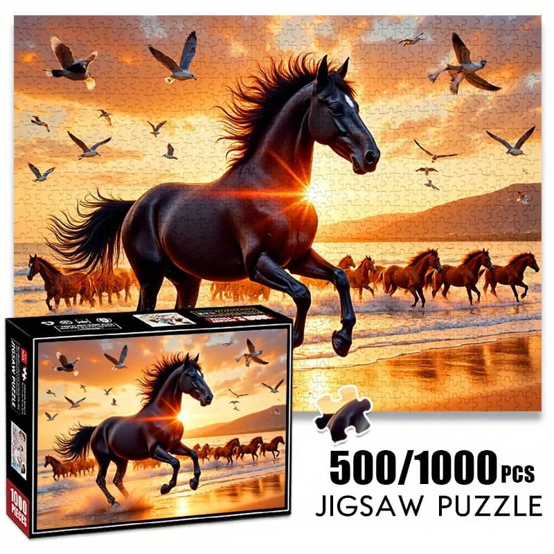 Puzzle di carta da 500/1000 pezzi: Cavalli e guanti al galoppo della costa del tramonto, Gioco per adulti Grande puzzle giocattolo regalo per la famiglia interattivo