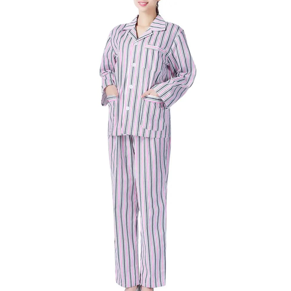1 set di pigiami da ospedale da donna in cotone premium a maniche lunghe con tasche frontali con colletto aperto, rosa bianco