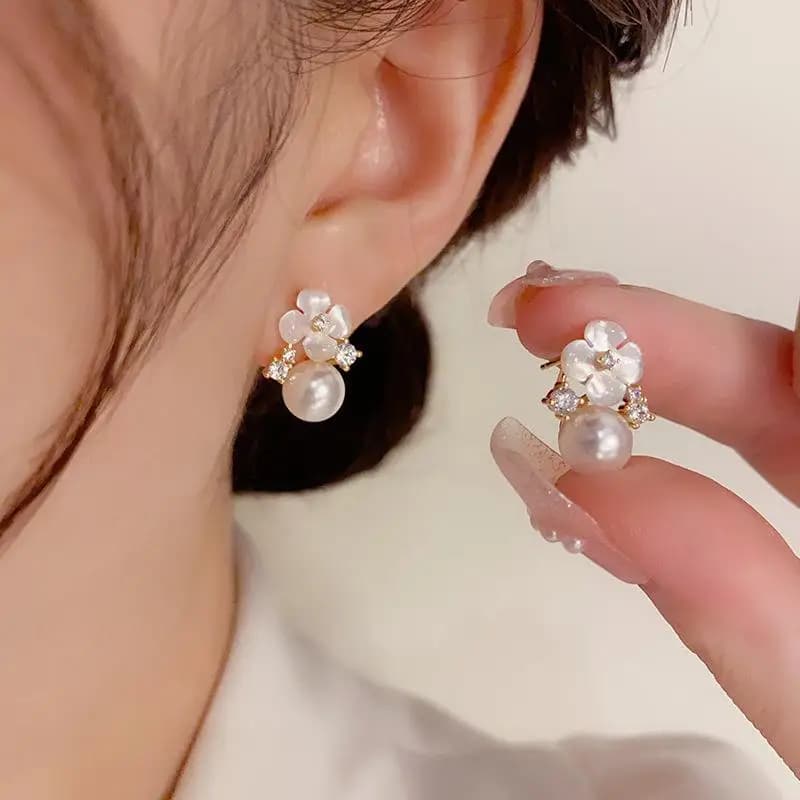 Dainty White Flower Earrings for Women with Rhinestone and Pearl Perfect for Every Outfit