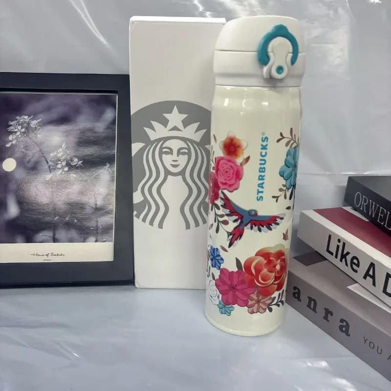 Thermos Starbucks da 500ml in Acciaio Inox con Stampa Floreale e Uccelli, Bottiglia Termica Isolata con Coperchio a Chiusura Ermetica