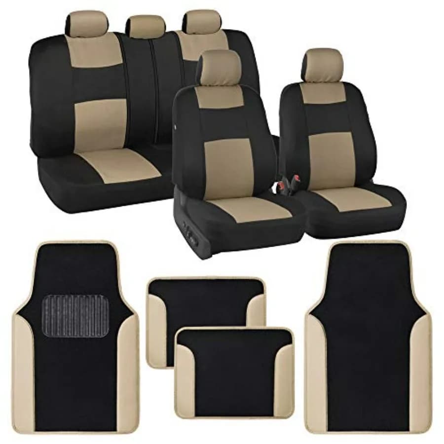 Set Completo di Coprisedili Bicolore PolyPro Bge con 4 Tappetini per Auto, Camion, Furgoni e SUV con Interni in Moquette