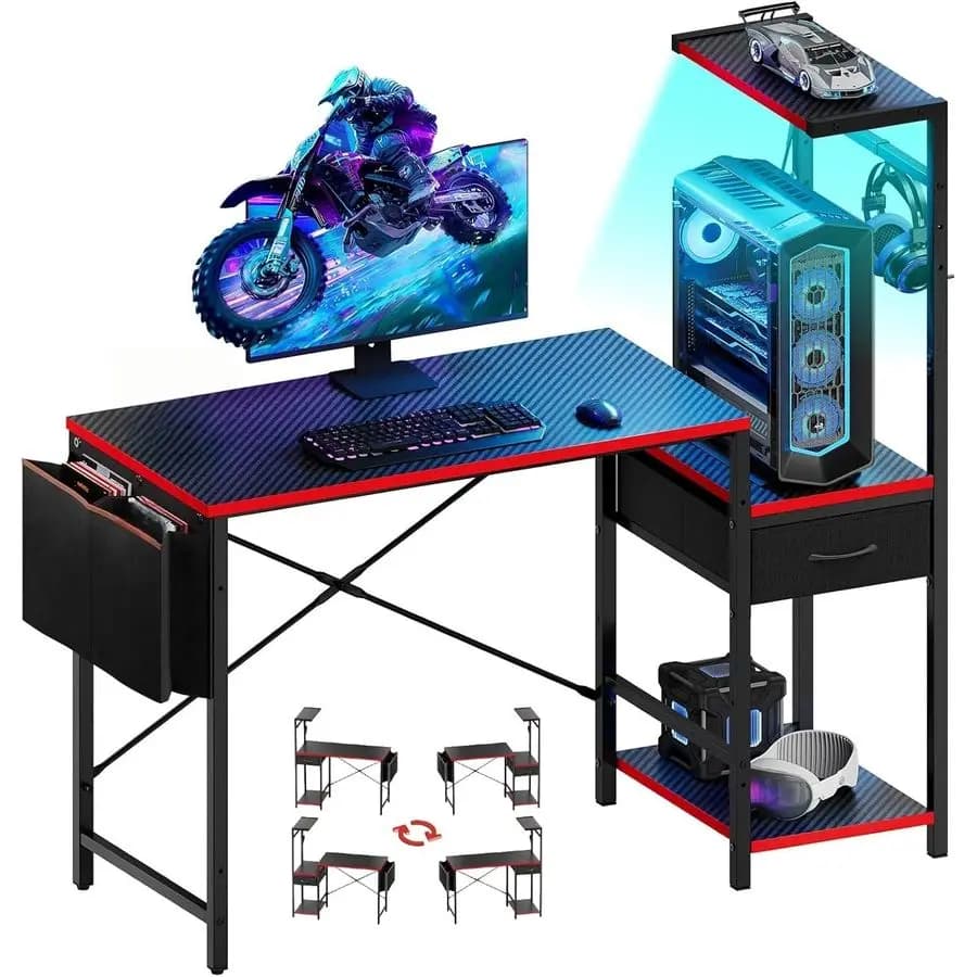 Scrivania da Gaming con Cassetto, Scrivania per Computer da 44 Pollici con Ripiano per PC, Tavolo da Gaming con Luci LED per Piccoli Spazi, Reversibile G