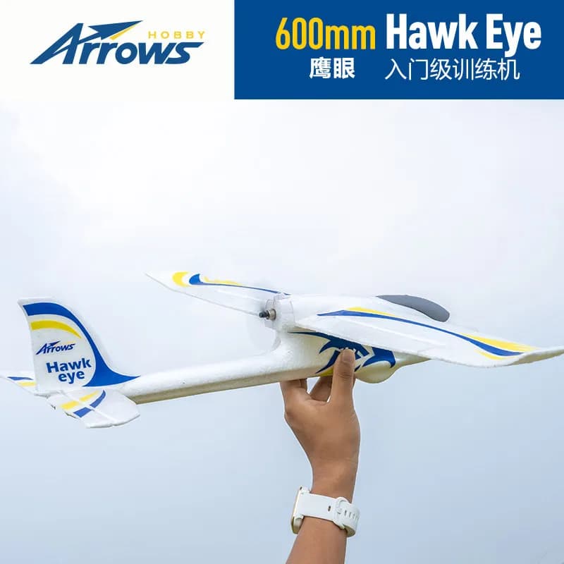 Aeromodello RC BLUE Arrows 600mm Hawk Eye con propulsione posteriore elettrica, ad ala fissa, per principianti e nuovi piloti di livello entry.