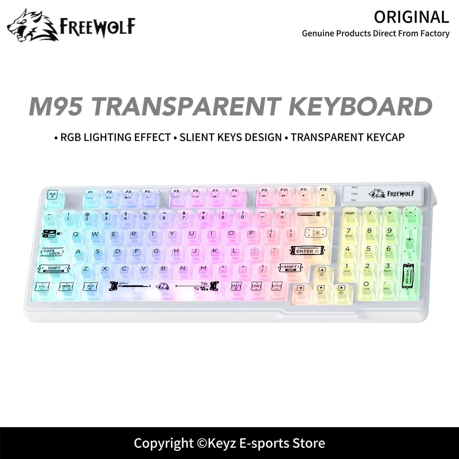 Wired RGB Transparent Keyboard FREEWOLF M95 Silent Membrane Soft Feel Type-C Cable 26 Key Anti Ghosting Compatible Windows Mac