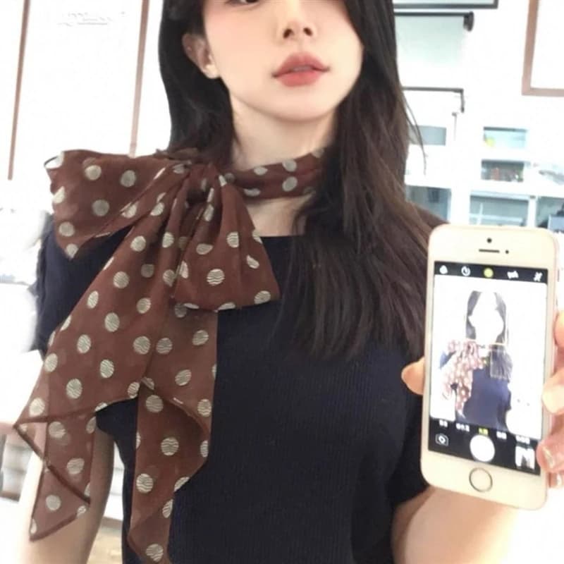 Sciarpa Lunga da Donna Marrone con Stampa a Pois, Nastro Versatile Premium per Decorazione del Collo e Accessorio per Capelli