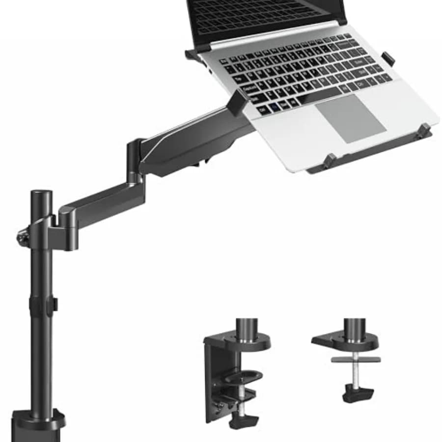 Supporto universale regolabile per laptop da 10 a 15,6 pollici per scrivania, braccio a tensione singola, supporto per notebook VESA con morsetto a C e passacavo Opti