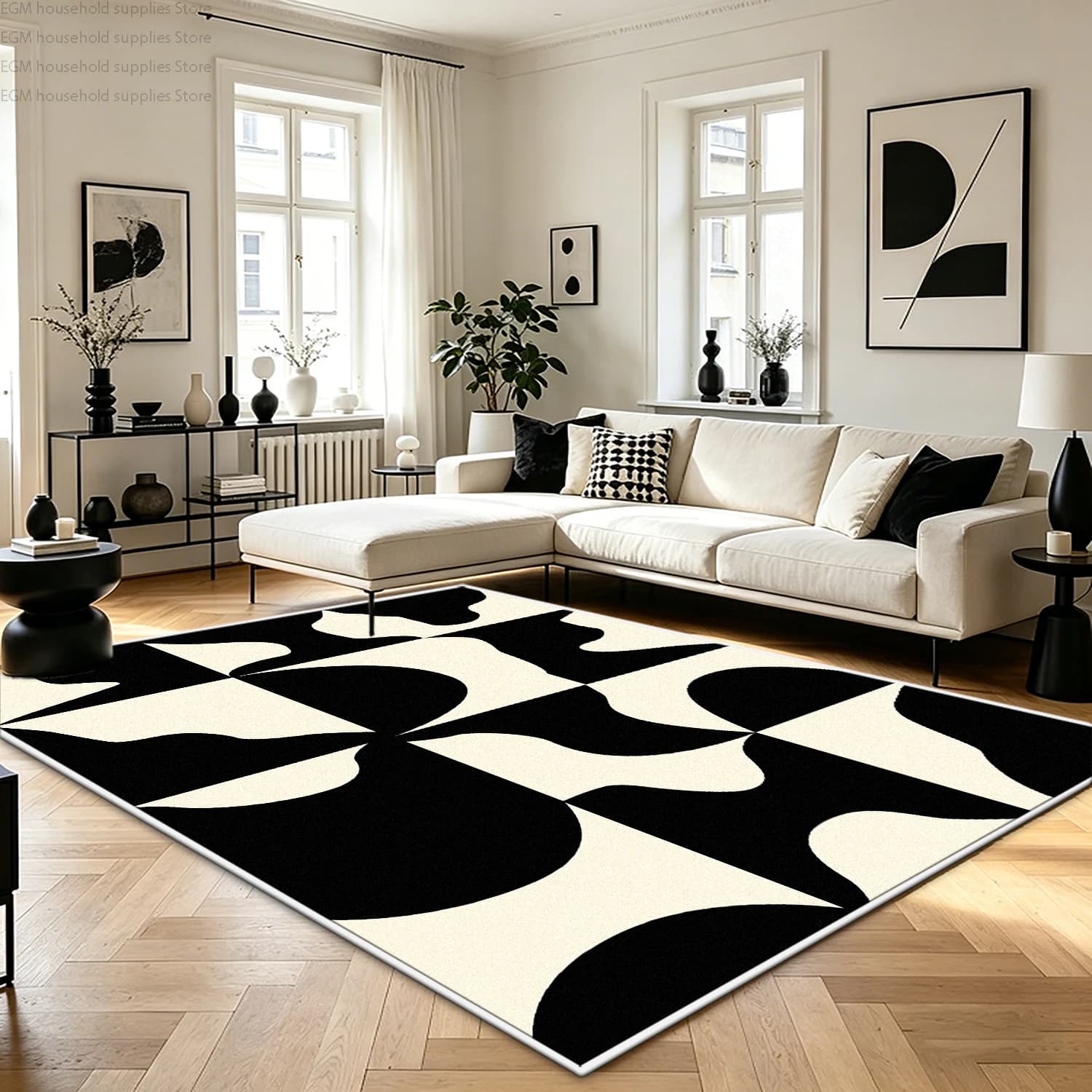 Black White Modern Nordic Abstract Geometric Carpet Living Room Home Decoration Big Rug Soft Non-slip Bedroom Washable Floor Mat