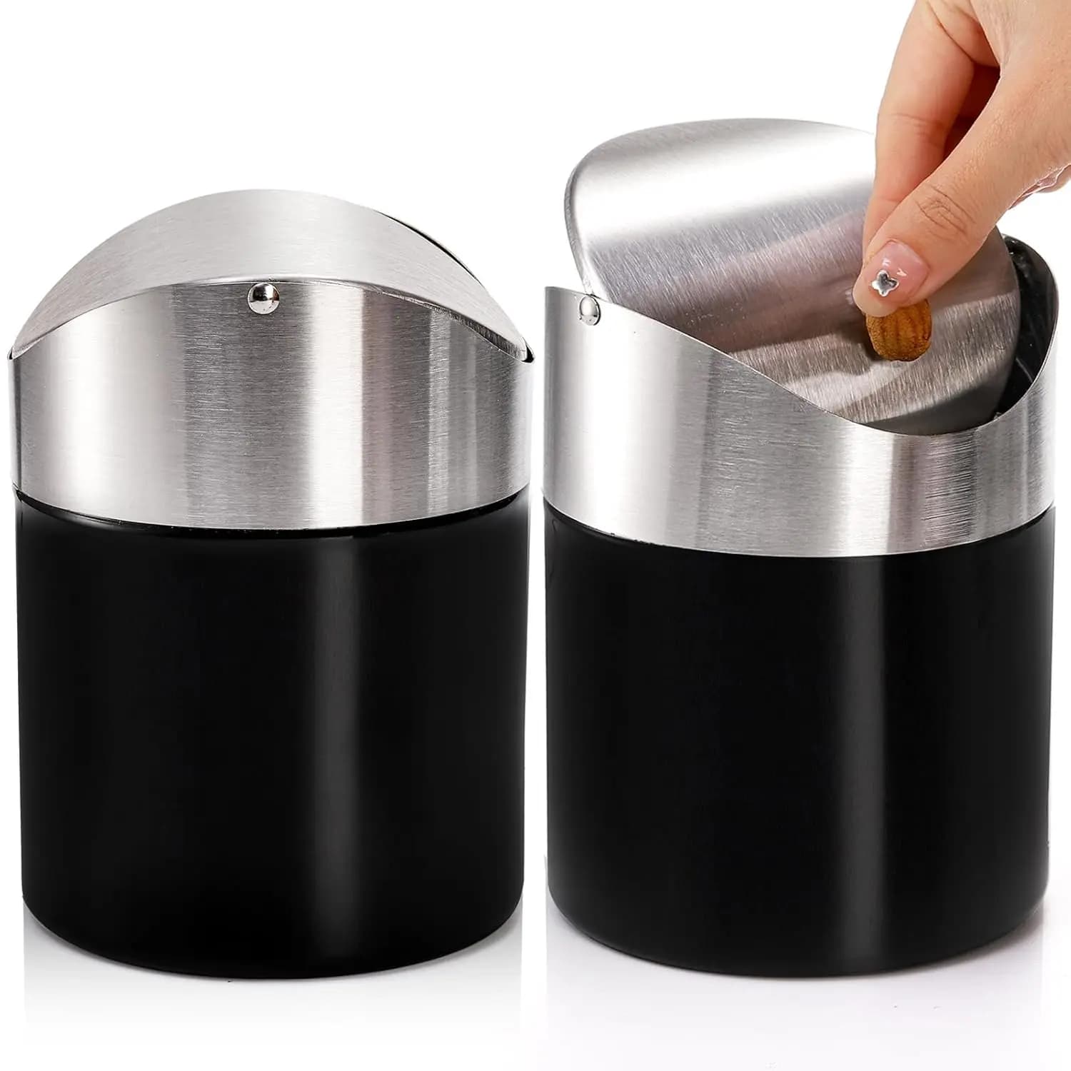 Set of 2 Mini Trash Can with Swing Lid, Brushed Stainless Steel Countertop Garbage Bin, Modern Tiny Waste Basket for Office Desk, Vanity, Makeup Tabletop, Coffee Table