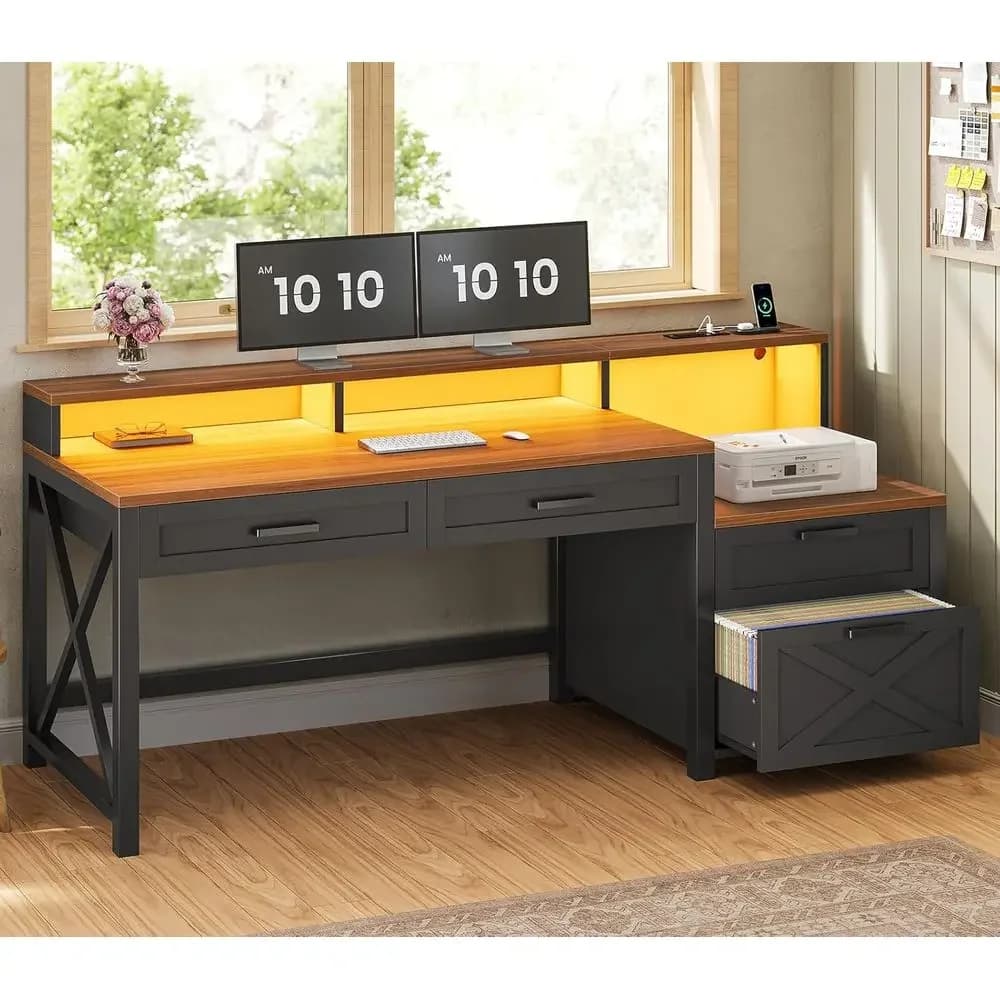 Office Desk with Drawer, Power Outlet, Storage Shelves, Printer Stand, Monitor Shelf, LED Gaming Desk, Black/Brown