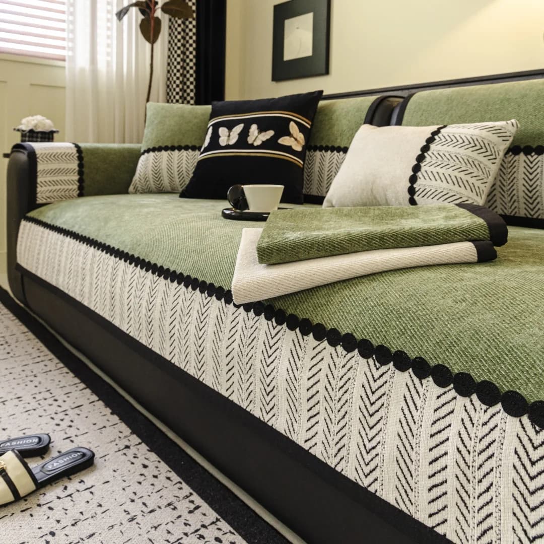 Fodera per divano in ciniglia twill con orlo bianco nero a contrasto Asciugamano universale antiscivolo, fodera per divano per animali domestici per tutte le stagioni