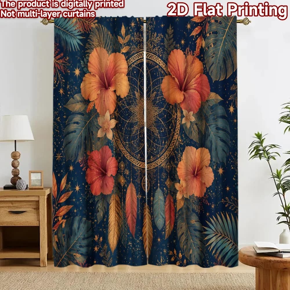 2D flat 2pcs Curtain Country Style Curtains Tropical Hibiscus Dreamcatcher Digitally printed polyester, colorfast Birthday Party
