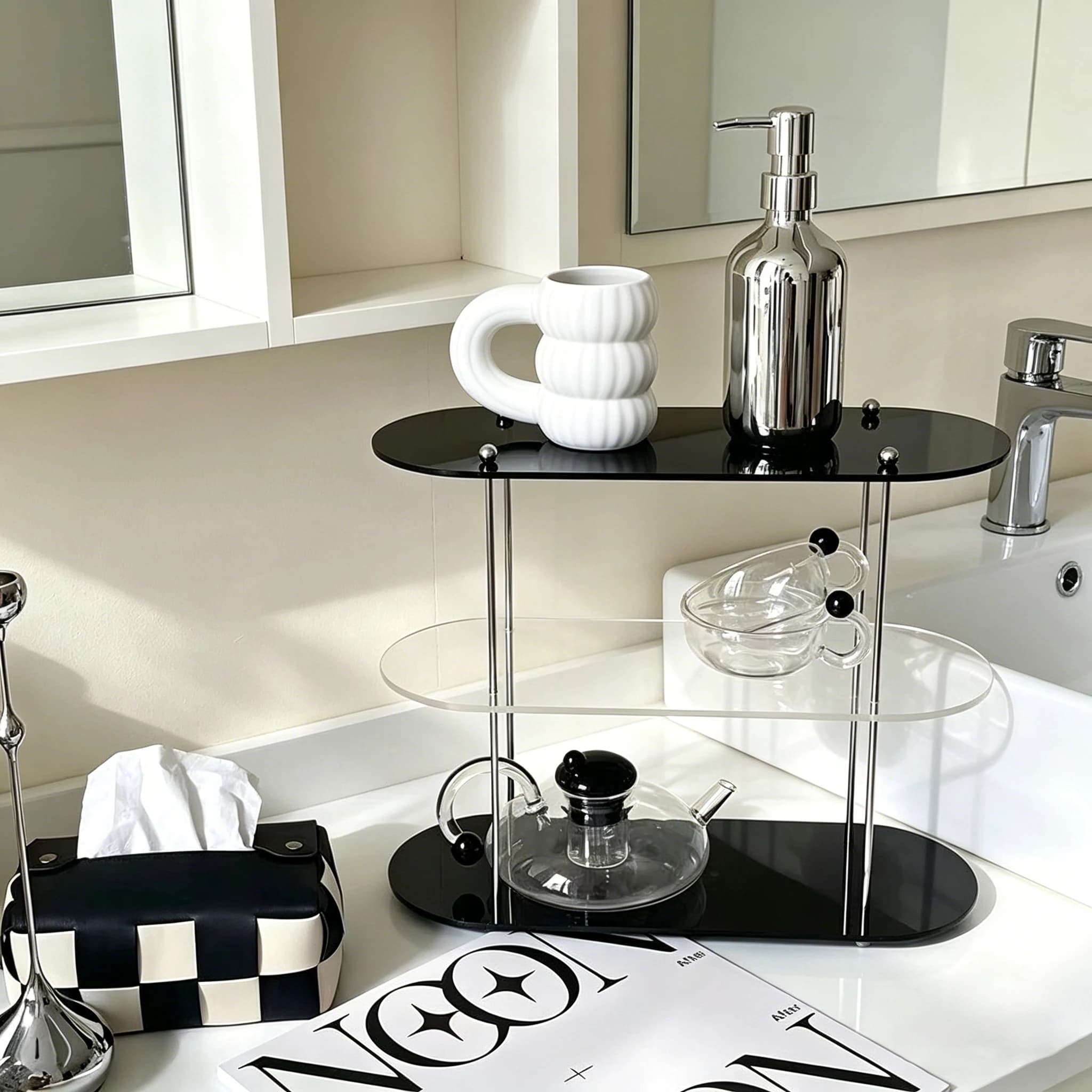 Organizzatore da bagno a 2-3 livelli in acrilico trasparente, stile moderno e contemporaneo, ripiani porta tazze, espositore per profumi