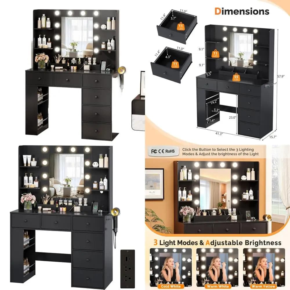 Make-up table with Mirror, Lights, Storage boxes, Charging station and Support for Hairdryer, Black Toelette Table 58 Inches