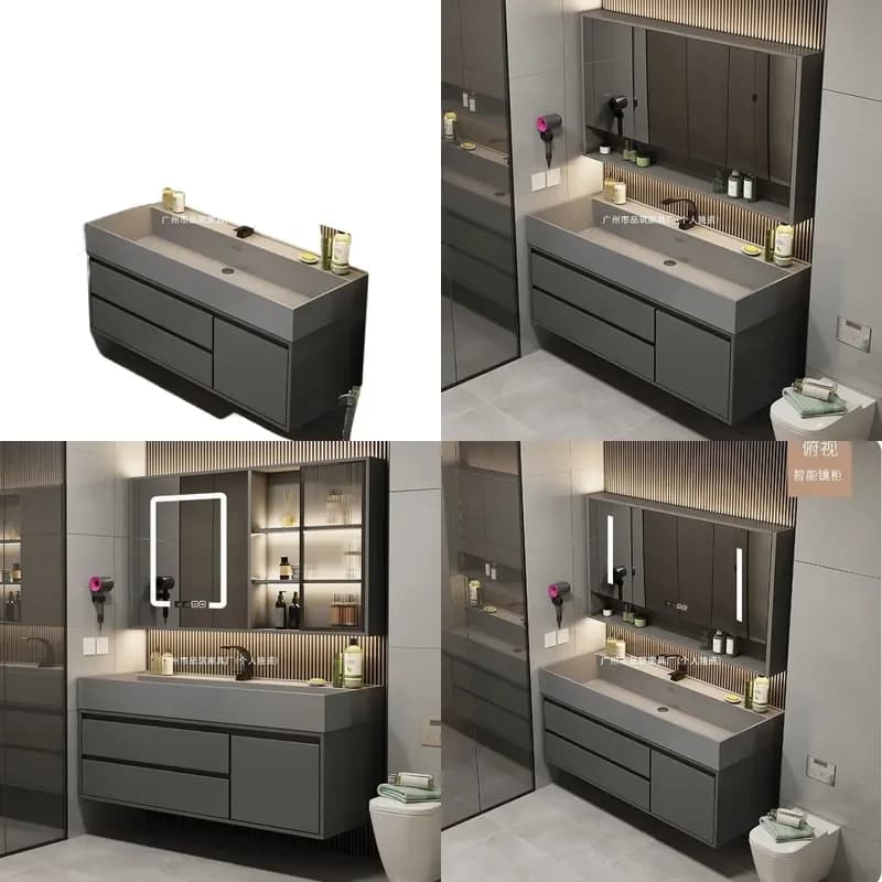 Modern Nano Rock Slab Bathroom Vanity Set with Mirror Cabinet Wall Mounted Washbasin Unit for Toilet Powder Room Storage