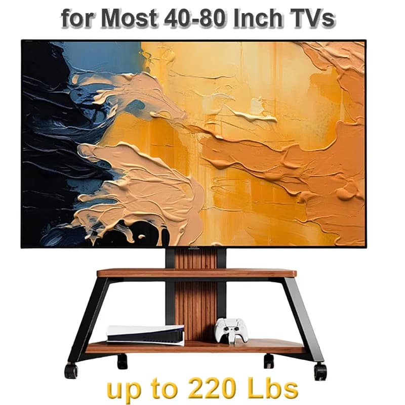 Heavy Duty mobile TV trolley 40-80 inch TV trolley, portable TV floor stand with wooden shelves, height adjustable up to 220 pounds
