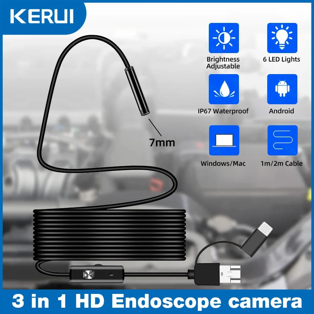 KERLAND New 7 mm 3 endoscope camera in 1 Mini camera Type C/Micro USB/USB interface/A Periscope inspection for Android PC phones