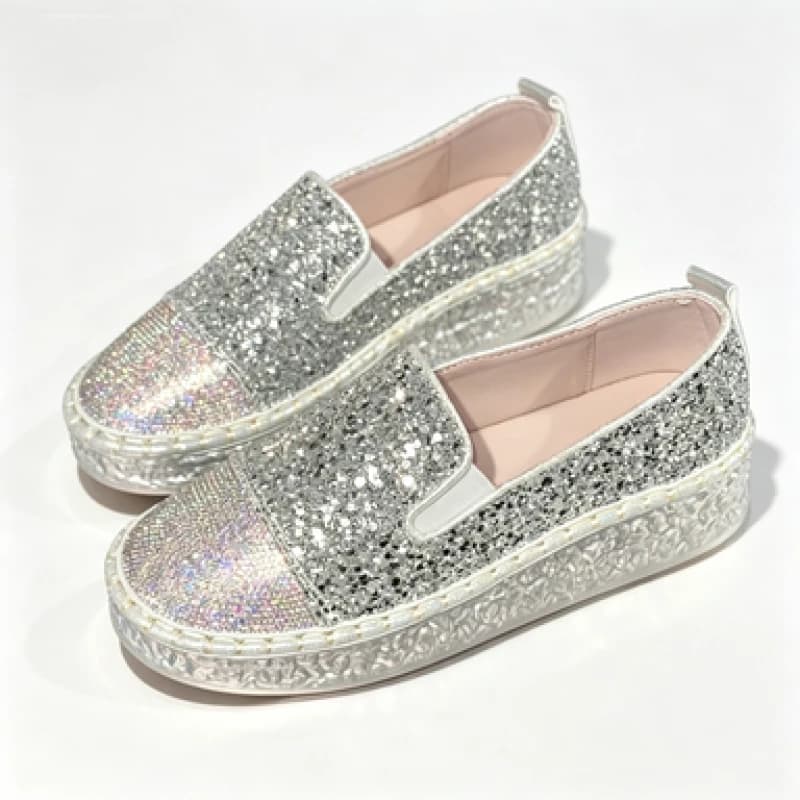 Silver Glitter Rhinestone Platform Loafers Women Slip On Thick Sole Casual Espadrilles Shoes