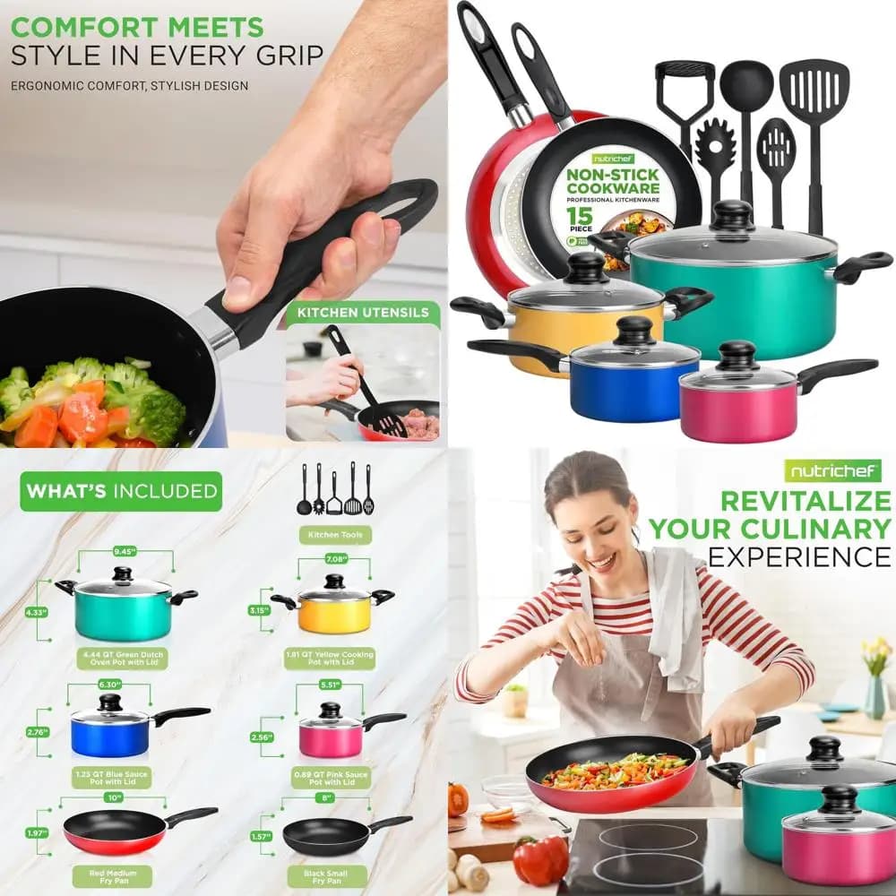 Set di pentole colorate antiaderenti da 15 pezzi con casseruola, padelle, pentole, coperchi e 5 utensili senza PFOA/PFOS