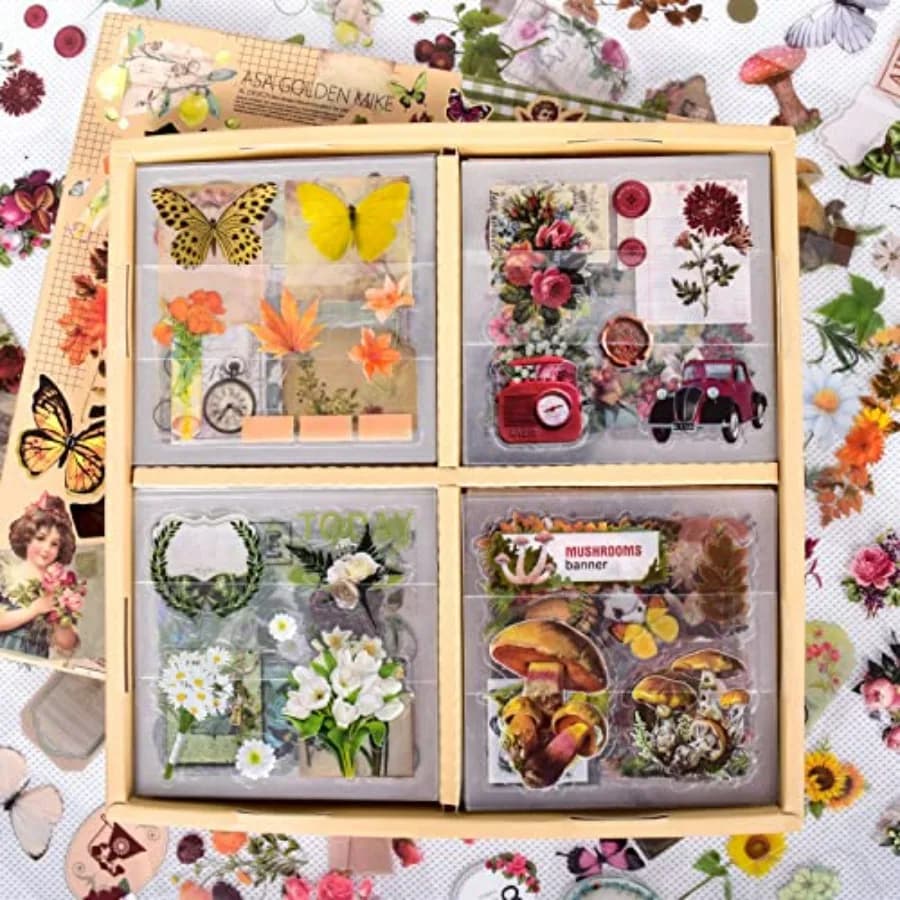 510PCS Plants Floral Scrapbook Stickers Kit Vintage Flowers Butterfly Mushroom Fall Maple Leaves Transparent Waterproof Sticker