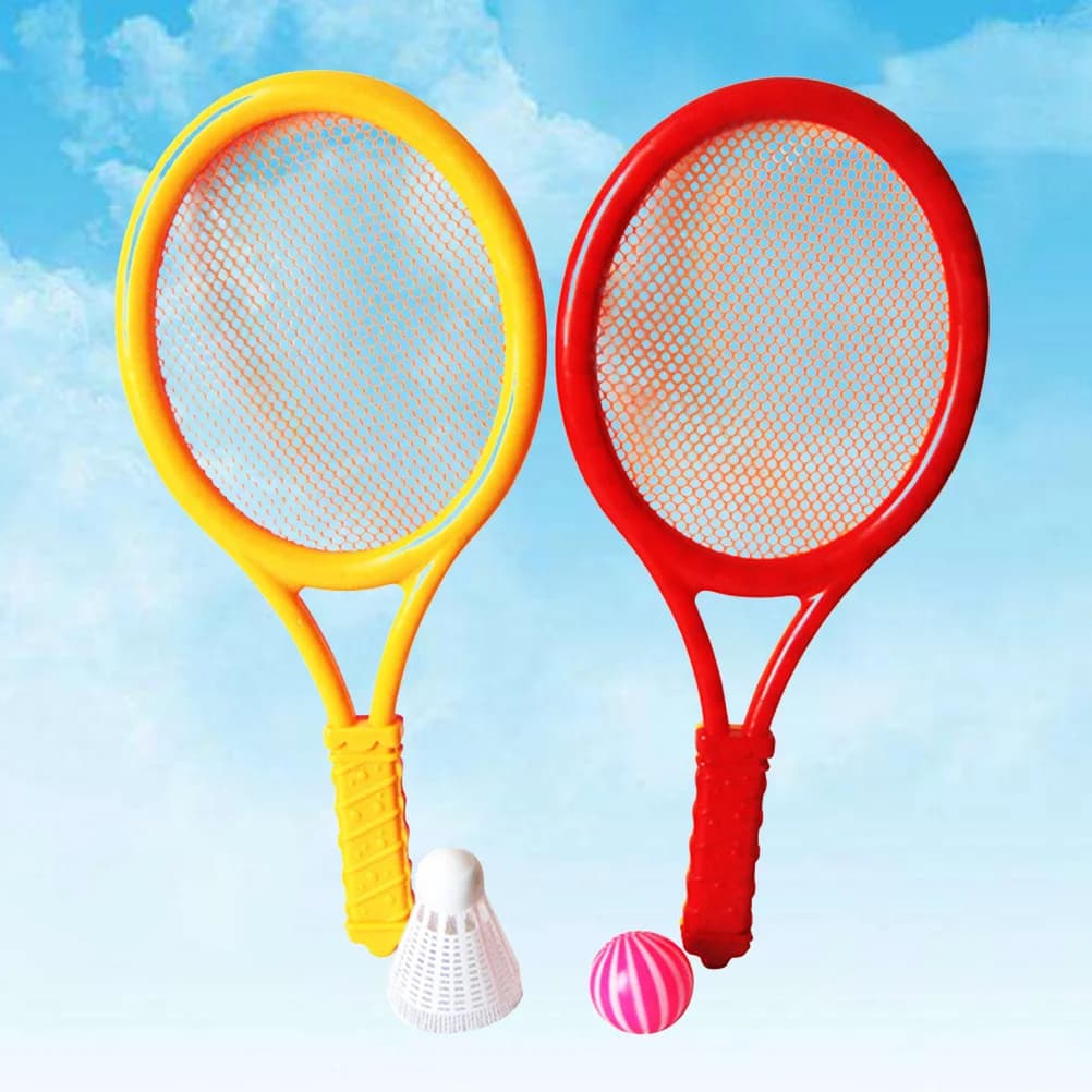 Kit da tennis e badminton con due racchette e palline per uso prolungato, palline in PU elastico, set per gioco divertente all'aperto e al chiuso.